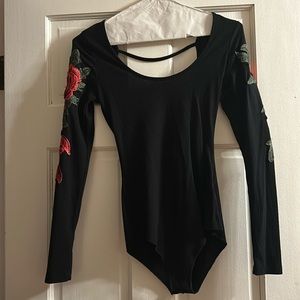 Long sleeve black body suit with rose embroidered sleeves